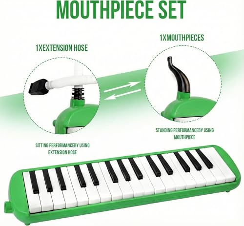 Image of PERLMAN 32 Keys Melodica Instrument, Soprano Melodica for Kids Air Piano Keyboard Pianica with Soft Long Tubes, 1 Short Mouthpiece and Carrying Bag (Green)