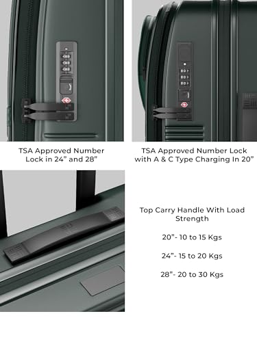 Image of EUME Aerotop Cabin, Checkin Medium & Large Trolley Bag Set of 3 | Space Saving Top Open Suitcase | Expandable Hard Polycarbonate Luggage | TSA Lock, Anti Theft Zipper, Silent Wheels | Pine Green