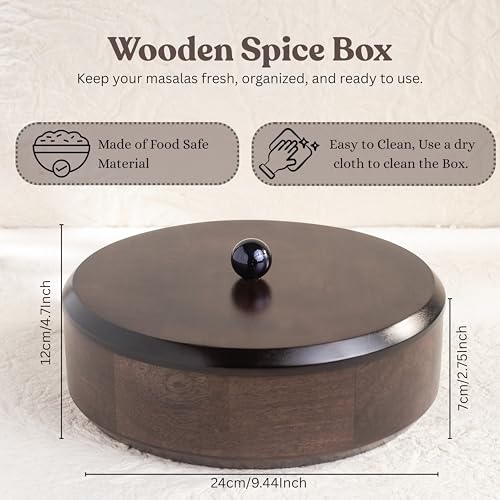 Image of Handcrafted Wooden Spice Box with Lid - Round Masala Dabba Organizer with 7 Stainless Steel Containers for Spices, Condiments & Kitchen Storage