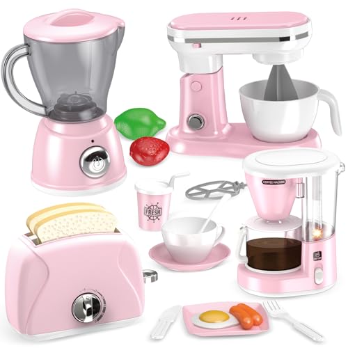 Shemira Play Kitchen Accessories Play Kitchen Appliances Toy Set with Coffee Maker Blender Mixer Toaster Kids Kitchen Playset Toys for 3 4 5 6 7 8 Year Old Girls Birthday Gifts for Girls Pink