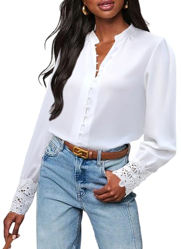 Neweek Womens Button Down Shirts Lace Cuff Long Sleeve Chiffon Dressy Tops Band Collar Fall Business Casual Blouses 2025