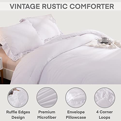 Andency White Ruffle Comforter Queen(90X90Inch), 3 Pieces(1 Ruffled Comforter And 2 Pillowcases) Farmhouse Shabby Chic Comforter, Soft Microfiber Down Alternative Bedding Comforter Set #TOP2