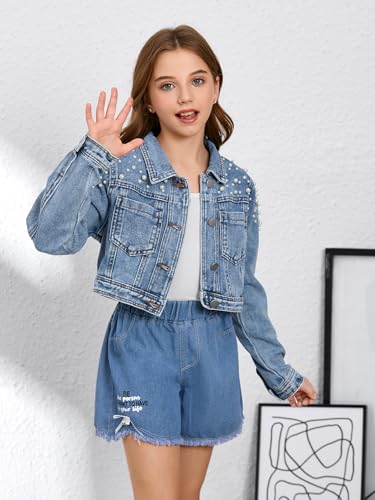 WDIRARA Girl's Beaded Denim Jacket Button Down Collared Long Sleeve Jeans Jackets Y2K Outerwear3