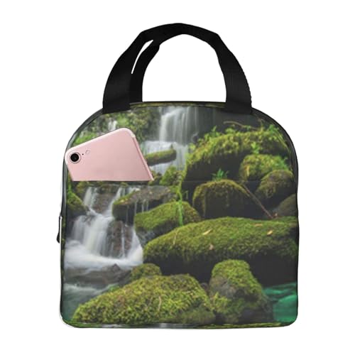 断熱ランチバッグ、大容量、防水、熱漏れ防止、スタイリッシュで丈夫、仕事、学校、アウトドア活動に便利、男女兼用(プータブの緑の森のジャングルの美しい滝)