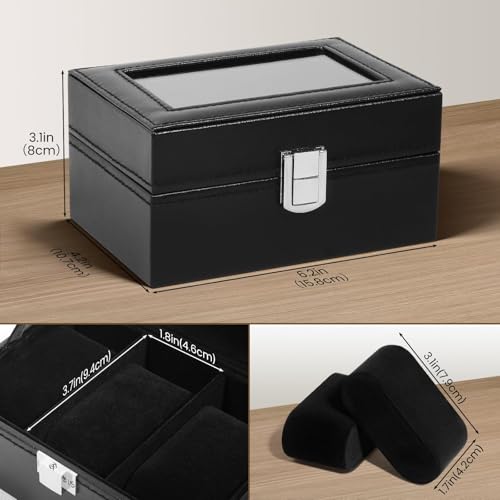 Image of Uten 3-Slot Watch Box, PU Leather Watch Case with Glass Lid, Watch Holder Organizer with Soft Pillow and Velvet Lining, Watch and Jewelry Storage Box, Black