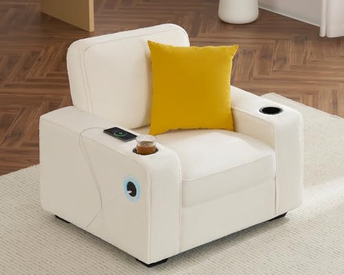 AMERLIFE Bouclé Sofa Chair, Modern Comfy Couch with Cup Holders & USB Charging Ports for Living Room, Off-White Upholstered Couch