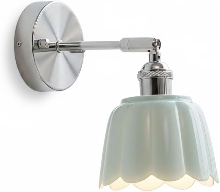 Modern Flower Bud Wall Sconce, Scalloped Ceramic Shade with Adjustable Silver Arm, Minimalist Indoor Wall Light, Bedside Reading Wall Lamp for Bedroom, Vanity, Hallway, Guest Room Parlor(White)