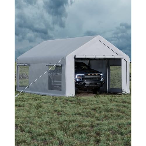 GarveeLife 13x20 ft Carport with 8 Sandbags, Car Port with 220 g PE Tarp, 2 Roll-Up Doors, and 4 Windows, for Full-Size Pickups, Bass Boats, Tractors, and SUVs, White White 13x20 FT