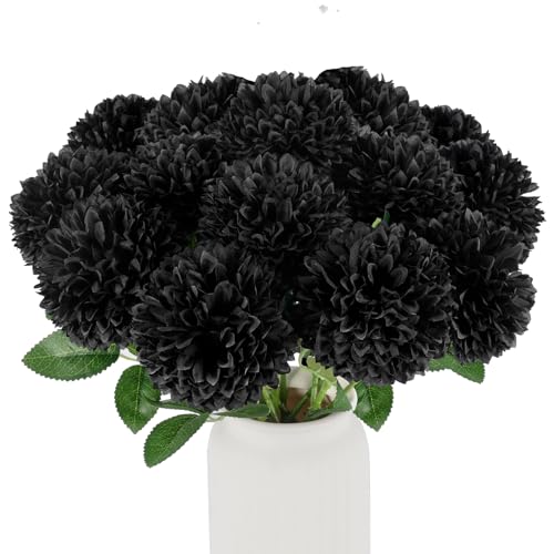 Hananona 12 Pcs Artificial Chrysanthemums Flowers Ball Flower Fake Mums Flowers Black Silk Plants for Ghothic Home Decor Indoor Floral Arrangement Halloween Table Centerpiece (12 Black)