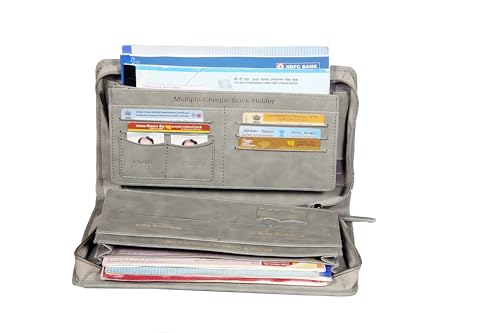 Image of Sukeshcraft Multiple Cheque Book Holder | Original PU Holds Upto 8 Cheque Books, Locker Key Hook, 2 Photo Slots, 1 Pin-Sim Slot, 13 Credit /Debit Card Slots with Matching Zipper (PU -2Tone Grey