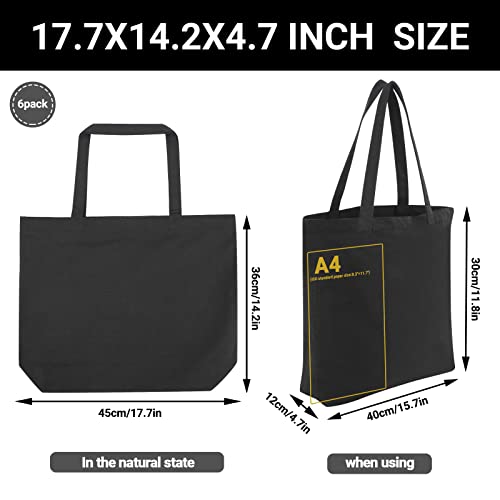 Cosics Black Tote Bags Bulk, 6 Pack Canvas Cotton Shopping Bag For Kitchen Grocery, Top Zipper Closure Reusable Aesthetic Pouch For Wedding Gift, Work Women¡¯S Tote Handbags 17.7" X 14.2" X 4.7" #TOP2
