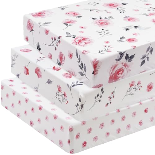Image of david's kids 3 Pack Fitted Crib Sheets, Ultra Soft Breathable Comfortable Baby Sheet Set for Boys Girls Neutral, 28x52 Inch Fits Standard Crib and Toddler Mattresses, Floral Flowers