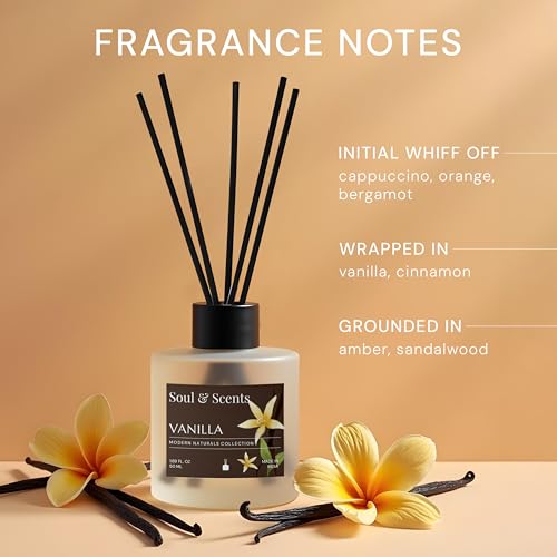 Image of Soul & Scents 50ml Vanilla Reed Diffuser Set | Blend of Toasted Coconut, Vanilla & Musk | Get 5 Rattan Reed Sticks | Smoke Less Room Freshener for Home, Bedroom, Living Room & Office