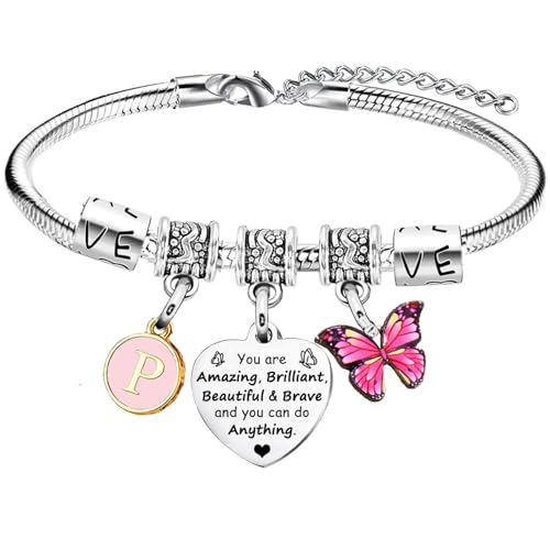 Inspirational Bracelet with Initial Letter A-Z Bracelets You are Amazing 26 Alphabet Letters Bracelet for Girl Women Butterfly Charm Bracelet Birthday Gift (Initial P Bracelet)