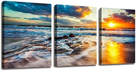 Canvas Wall Art Beach Sunset Ocean Waves Nature Pictures HD Prints 3 Pieces Stretched Canvas Wooden Framed Artwork for living Room Bedroom and Office living Room Wall Decor Size:12"x16"x3