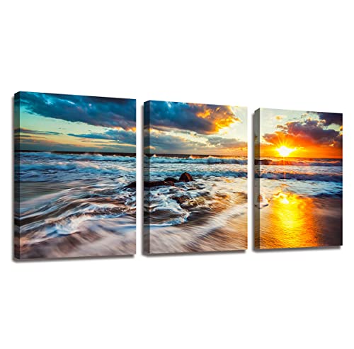 Canvas Wall Art Beach Sunset Ocean Waves Nature Pictures Hd Prints 3 Pieces Stretched Canvas Wooden Framed Artwork For Living Room Bedroom And Office Living Room Wall Decor Size:12"X16"X3 #TOP1