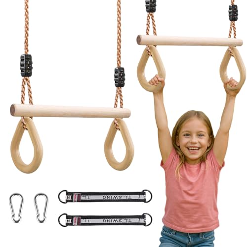 Trapecio Infantil de Madera con Anillos - Columpio Ajustable para Interior y Exterior, Ideal para Parques Infantiles y Jardines