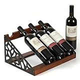 JUJOYBD Industrielles Weinregal für 4 Flaschen, Minimalistischer Weinflaschenhalter für Küche, Esszimmer & Weinkeller, Holz Weinhalter mit Dekorativem Metallmuster, 36 x 24 x 17 cm