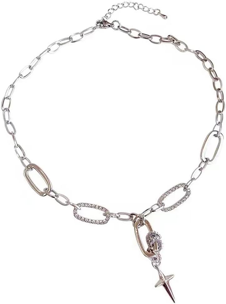 GulCeanSilver Star Cross Necklace for Women Stainless Steel Zircon Crystal Chunky Thick Chain Simple Aesthetic Dainty Design Trendy Boho Sexy Ring Necklace Fashion Jewelry Gift Box