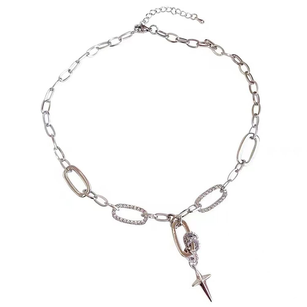 GulCeanSilver Star Cross Necklace for Women Stainless Steel Zircon Crystal Chunky Thick Chain Simple Aesthetic Dainty Design Trendy Boho Sexy Ring Necklace Fashion Jewelry Gift Box