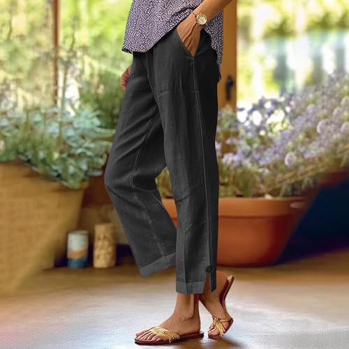 Image of Linen Pants Women 2026 Summer Beach Vacation Trousers Elastic Waist Linen Capris Pants Boho Casual Travel Pant