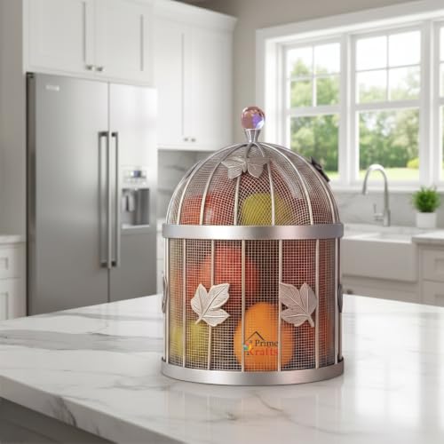 Image of Insect-Resistant Fruit and Vegetables Basket with Lid | Decorative Mesh (Jaali) Fruits and Vegetables Holder for Home and Kitchen - Silver
