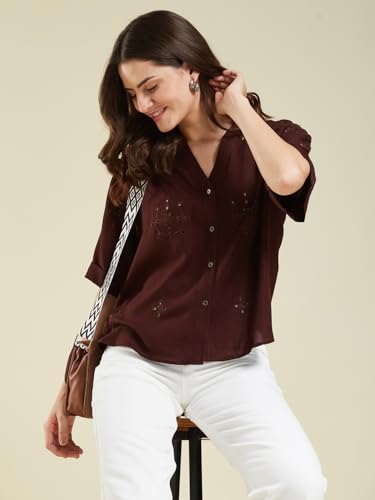 Image of J TURRITOPSIS Women's Cotton Blend Embroidered Stylish Shirt