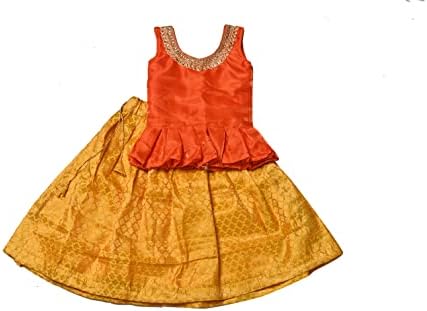 TRADITIONINDIA Chanderi & Dupion Fabric Sleeveless Wedding Wear Readymade Lehenga Choli for Kids (Color- Orange & Yellow)