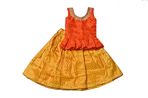 Chanderi & Dupion Fabric Sleeveless Wedding Wear Readymade Lehenga Choli for Kids (Color- Orange & Yellow)