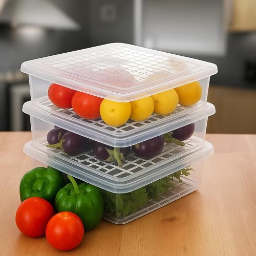 Image of Sulfar Fridge Storage Boxes Fridge Organizer with Removable Drain Plate Tray, Storage Container (Pack of 3)