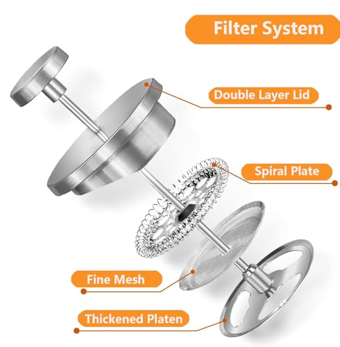 Image of French Press Coffee Maker, 600ml /20oz Silver Stainless Steel Coffee Press, Double-Wall Insulated, Food Grade & Rust-Free, Included 2 Extra Filters, Dishwasher Safe