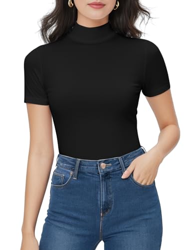 Mock Turtleneck Short Sleeve Tops for Women, Mock Neck Fitted T-Shirt Flowey Print Baselayer Office Tee