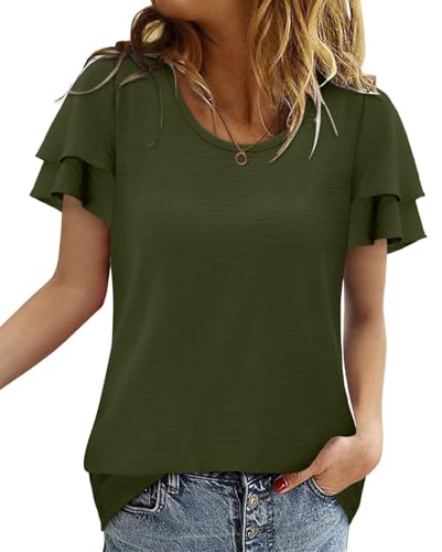 CRAZY GRID Women's Shirts Summer Casual Crewneck Ruffle Short Sleeve Blouses Cute Floral Print Tunic Tops
