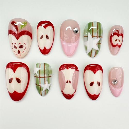 30 Pcs Fruit Press on Nails Medium Almond Fake Nails with Apple S...