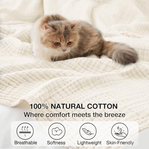 Image of 100% Cotton Muslin Blanket for Adults, 6-Layer, Queen, 90 x 90, Ivory