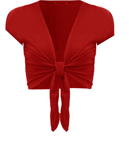 Womens Short Sleeve Plain Front Tie Bolero Top Cropped Cardigan Shrug (S/M, Red)