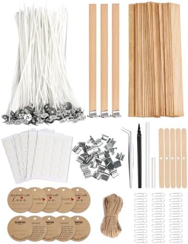 130 Pcs Candle Wicks for Candle Making Kit: 100 Cotton & 30 Wood Wicks with Complete Tool Set (Wick Holders, Wick Stickers, Candle Tabs, Tweezers, Pen), for Soy Beeswax DIY Candles