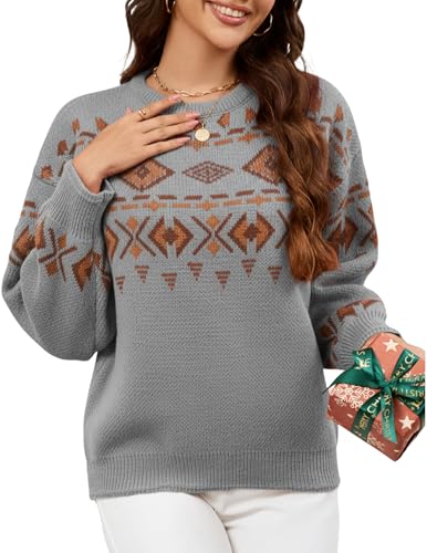GAMISS Women's Crewneck Sweater Soft Casual Loose Long Sleeve Aztec