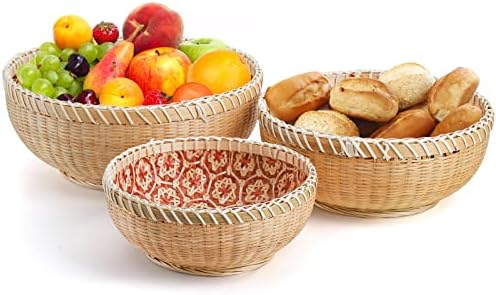 Elsjoy Set of 3 Round Wicker Fruit Baskets, Kitchen Wicker Woven Bread Basket Stackable Rattan Serving Basket Set for Home Decor