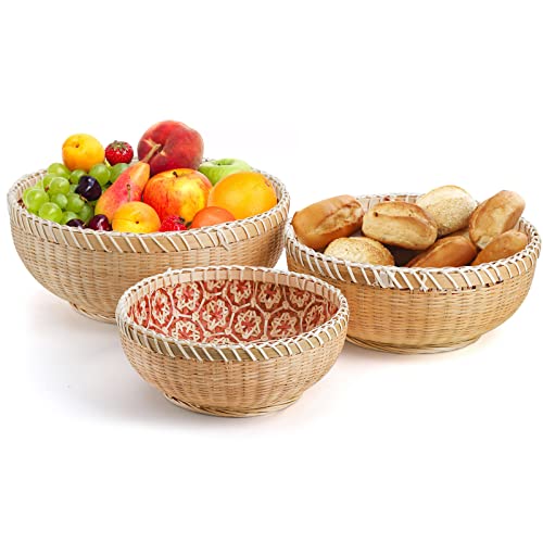 Elsjoy Set Of 3 Wicker Woven Storage Basket, Bamboo Bread Basket Round Rattan Serving Basket Farmhouse Decor For Fruits, Vegetables, Potatoes, Stackable 9.6"/8"/7" #TOP4