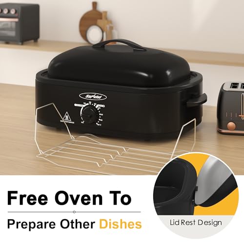 Image of Sunvivi 14 Quart Roaster Oven, Electric Slow Cooker Roaster Oven with Self-Basting Lid, Turkey Roasters with Removable Pan and Rack, Stainless Steel, Black