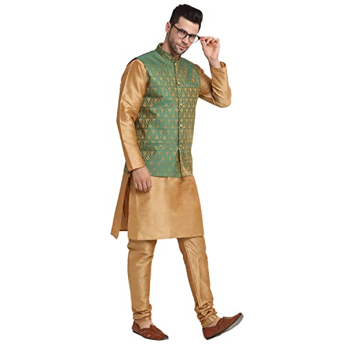 Image of KRAFT INDIA Mens Gold Silk Blend Kurta and Churidar Set With Jacquard Paisley Nehru Jacket