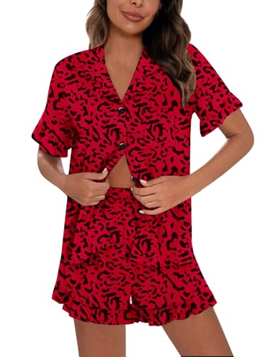 Image of SWOMOG Woman Pajama Set Short Sleeve Pjs Set 2Pcs Short Pajamas Button Down Ruffle Hem Sleepwear Soft Modal Loungewear