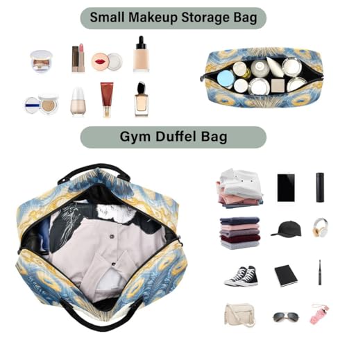 White Peacock Blue Feather Travel Duffle Bag Gym Bag Weekender Bags with Toiletry Bag Travel Trip Tote Bag4