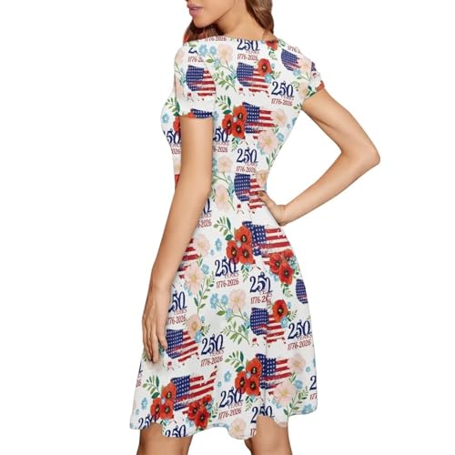 Image of POLERO Women Puffy Swing Elegant Party Midi Dresses Short Sleeve Round Neck A-Line Dress