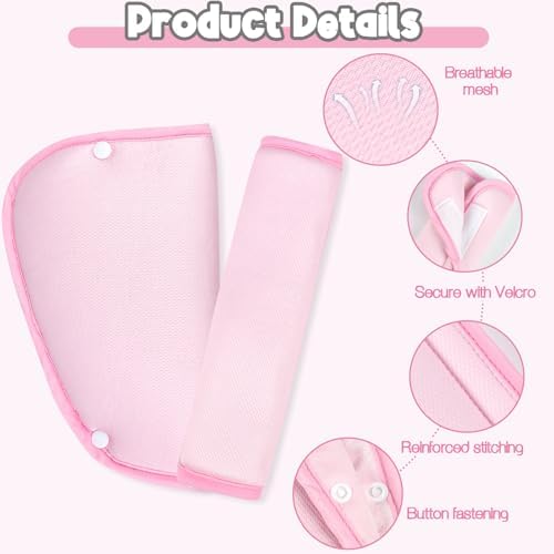 Kids Seat Belt Cover Pads, Universal Seat Belt Adjuster for Kids, HNHUAMING Kid's Shoulder & Belly Protective Padding for Travel, Soft Breathable Car Seat Straps Pads for Children, Pink — view 3