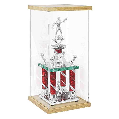 Clear Acrylic Display Case with Solid Butcherblock Base and Top for Trophy, Collectibles, Assemble Cube Display Box Stand Dust Proof Protection Showcase for Action Figures Toys - by BenchPro
