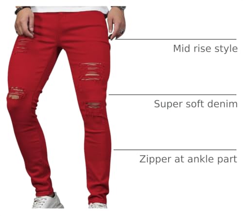 Image of HUNGSON Men's Blue Slim Fit Jeans Stretch Destroyed Ripped Skinny Jeans Side Striped Denim Pants