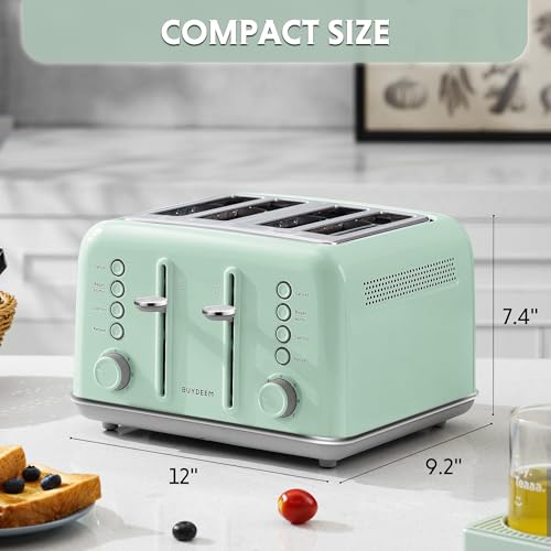 Image of BUYDEEM DT640 Retro 4 Slice Toaster, 7 Shade Settings, Extra Wide 1.5'' Slots, Stainless Steel Toaster with Bagel Muffin Defrost Reheat Function, Green