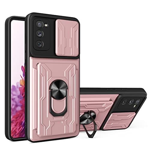 CCSmall Case for Samsung Galaxy S20 FE with Card Holder, Heavy Duty Protection Phone Case with Magnetic Ring Kickstand Slide Camera Cover for Samsung Galaxy S20 FE LJK Rose Gold
